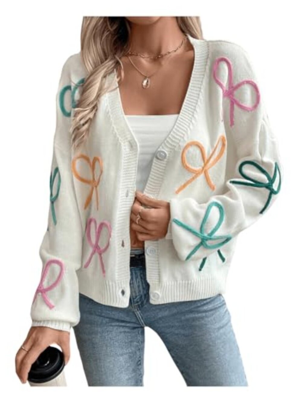 WDIRARA Button Down Cable Knit Cardigan Bow Embroidery Chunky Loose Fit Sweater